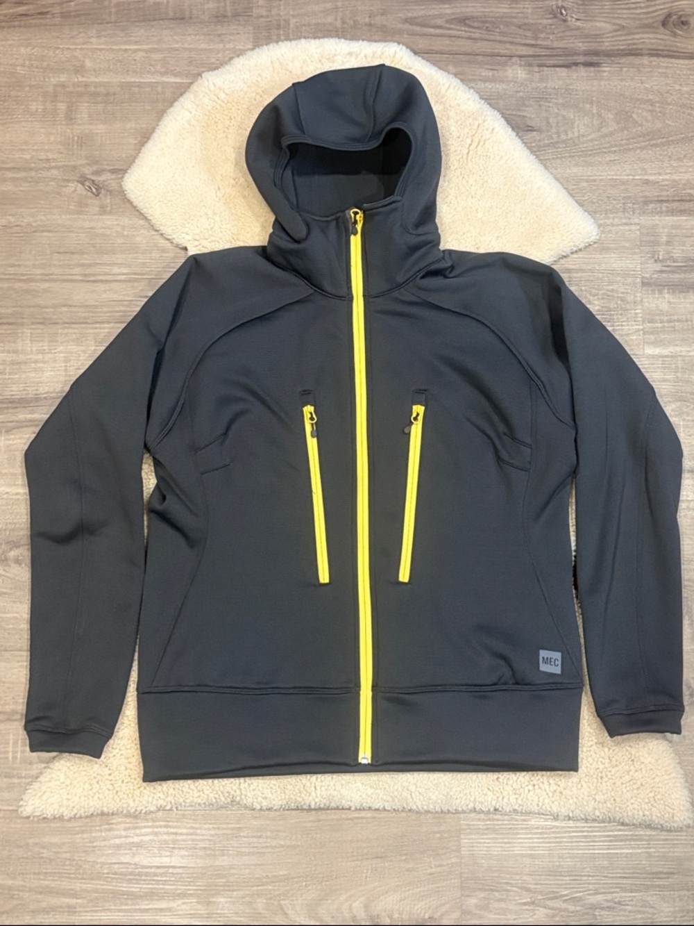 MEC full zip fleece jacket, dark taupe/gray with yellow accents, women’s large